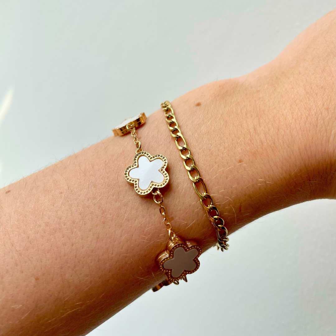 Gold and White Clover Flower Charm Bracelet