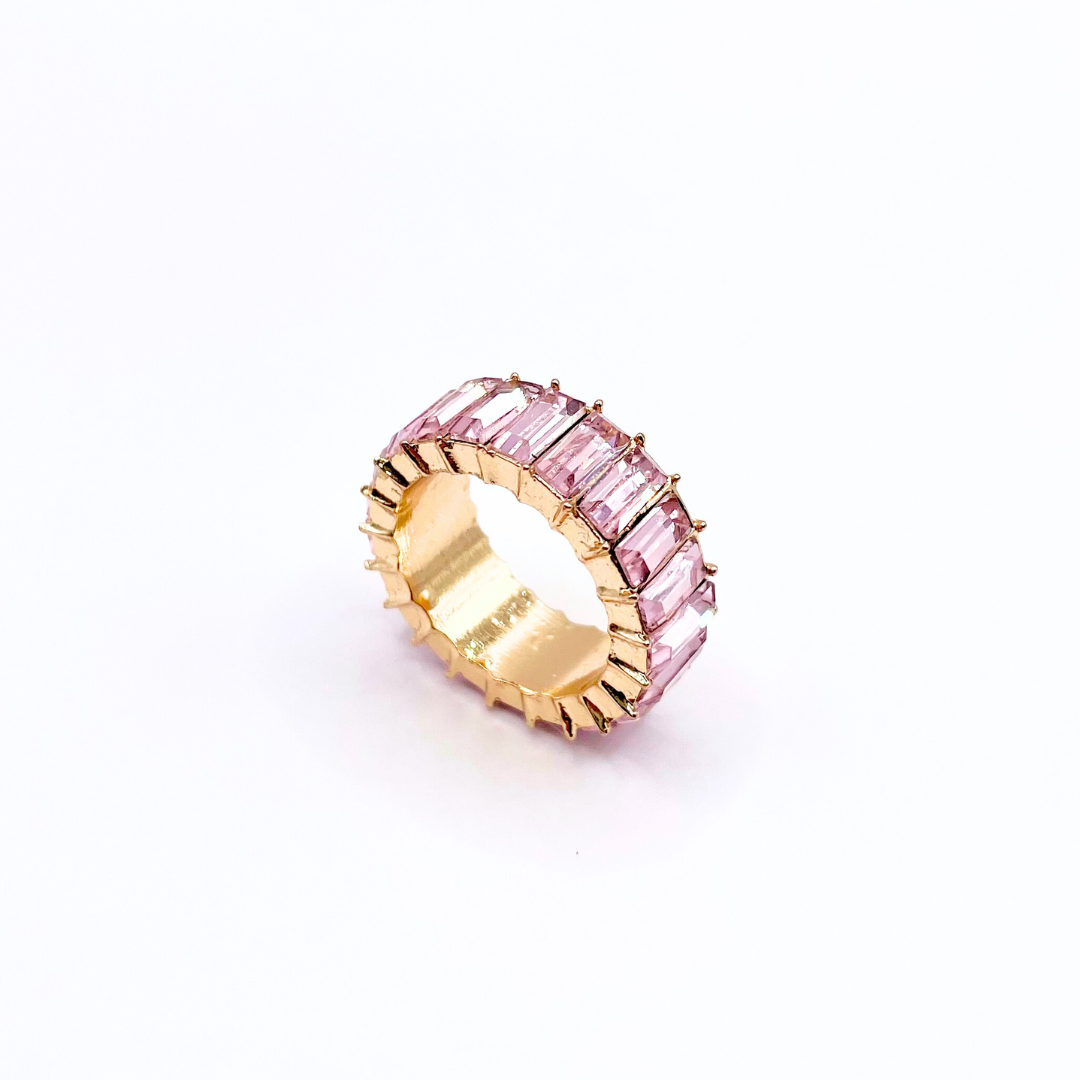 Gold Emerald Cut Bling Stacking Ring - Baby Pink