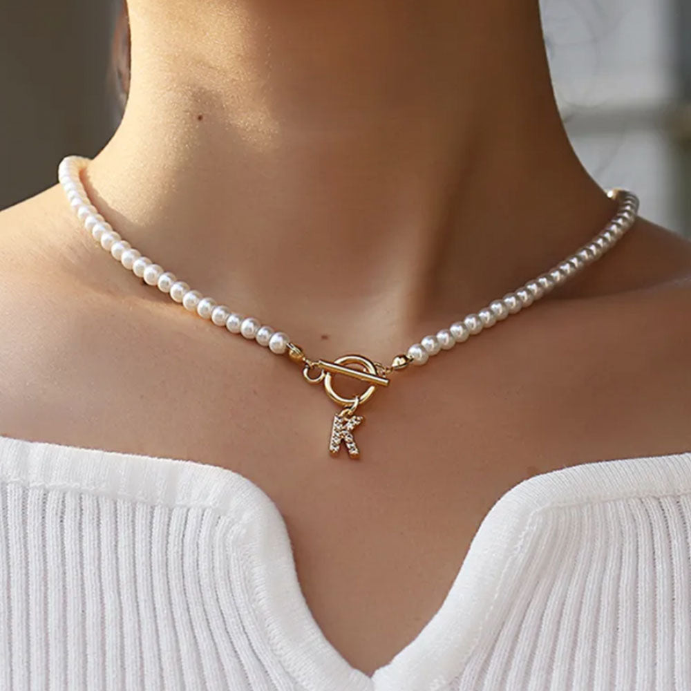 Pearl Gold Initial Choker Necklace