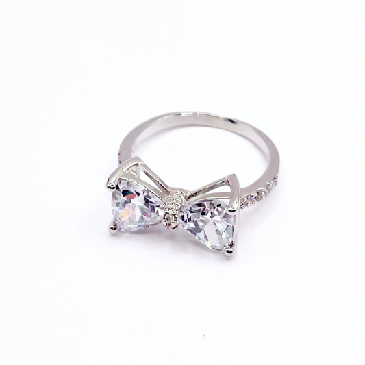 Silver And Diamante Bow Statement Dress Ring