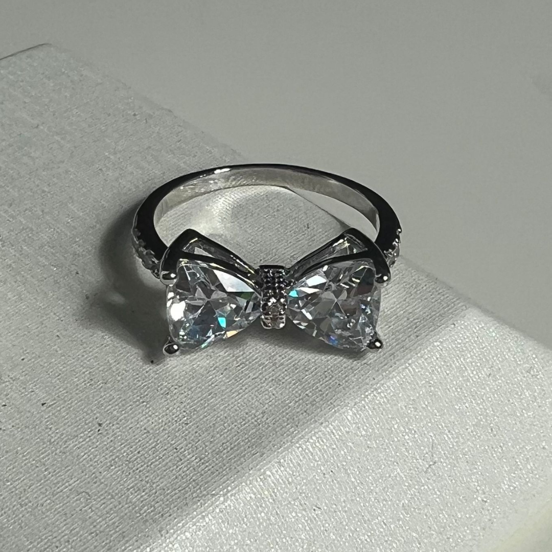 Silver And Diamante Bow Statement Dress Ring