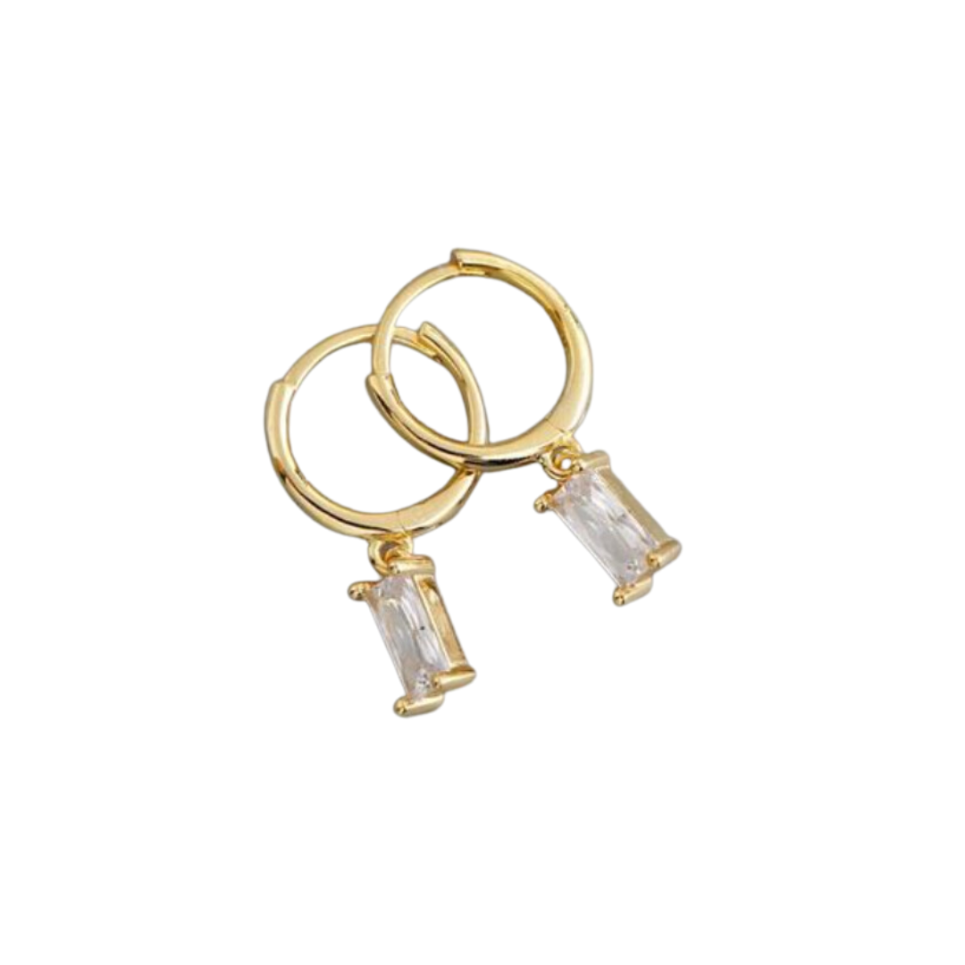 Gold Rectangle Charm Drop Pendant Huggie Hoop Earrings – Kelabu