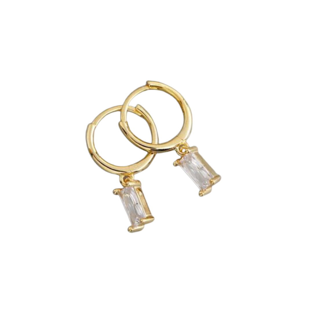 Gold Rectangle Charm Drop Pendant Huggie Hoop Earrings Kelabu