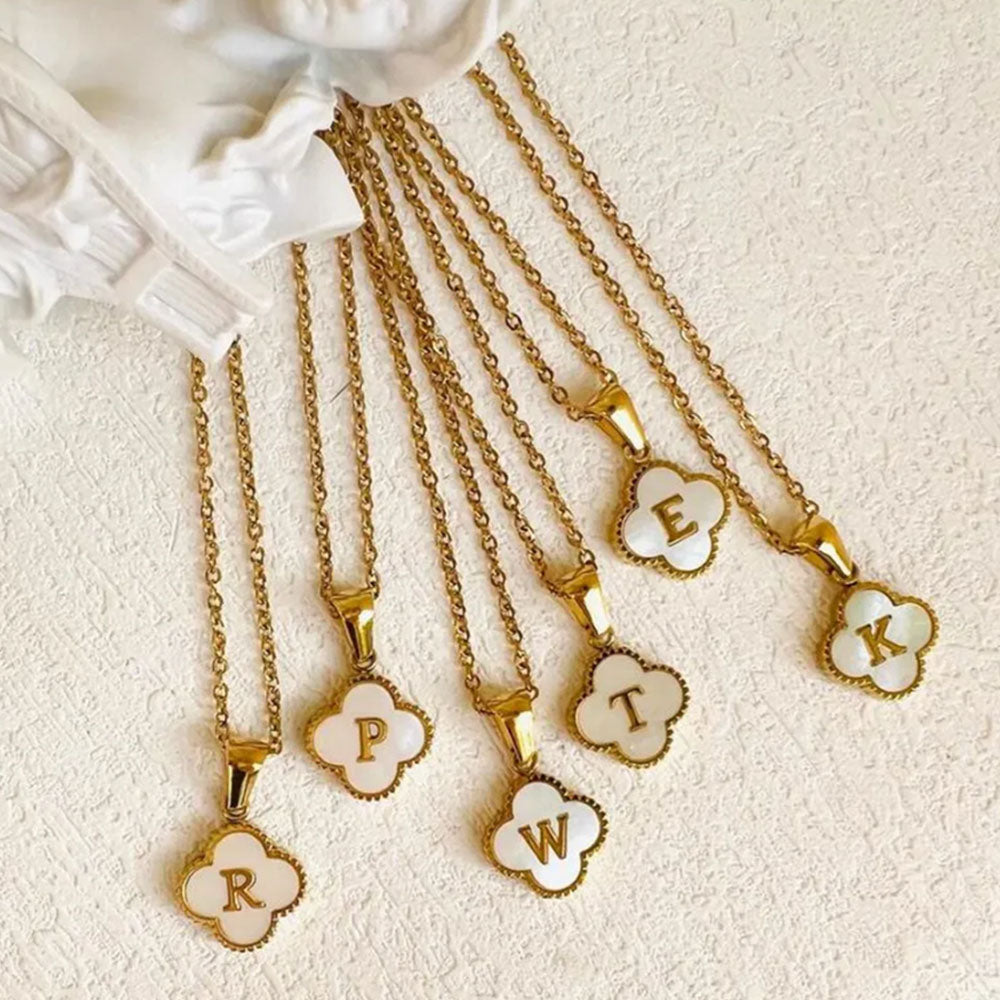 Gold and Pearl Clover Initial Designer Dupe Necklace by Kelabu Jewellery