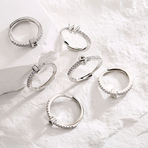 Silver Diamanté Micro Initial Ring | Kelabu