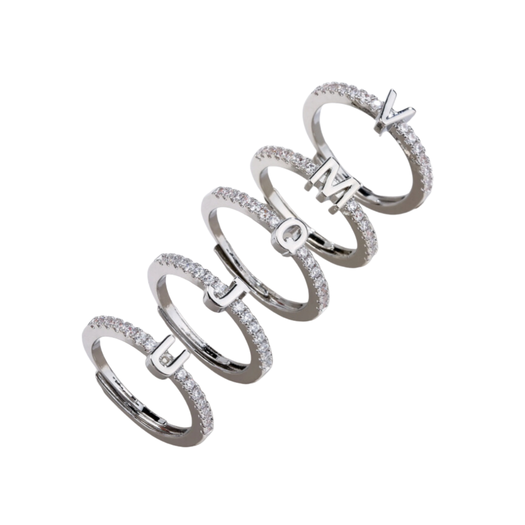 Silver Diamanté Micro Initial Ring | Kelabu