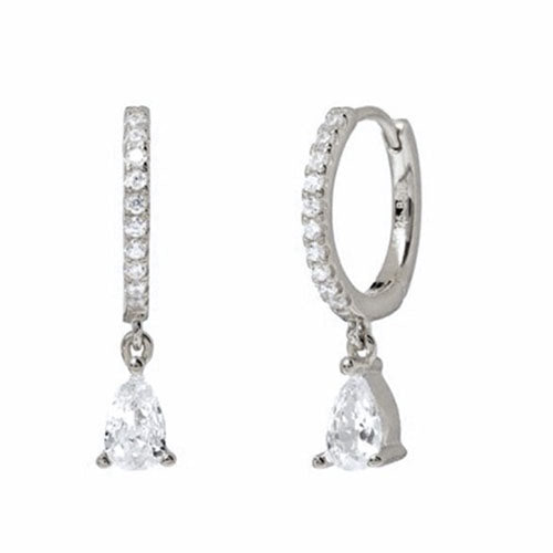 Small Silver Huggie Hoop Earrings With Diamond Drop Charm | Kelabu Jewellery