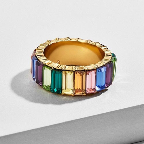 Gold Emerald Cut Bling Stacking Ring - Rainbow Multicolour