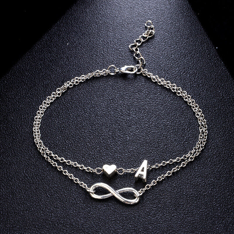 Multi Layer Silver Initial Infinity Bracelet With Heart Charm | Kelabu Jewellery
