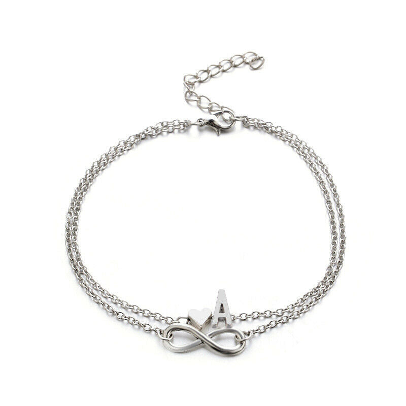 Multi Layer Silver Initial Infinity Bracelet With Heart Charm | Kelabu Jewellery