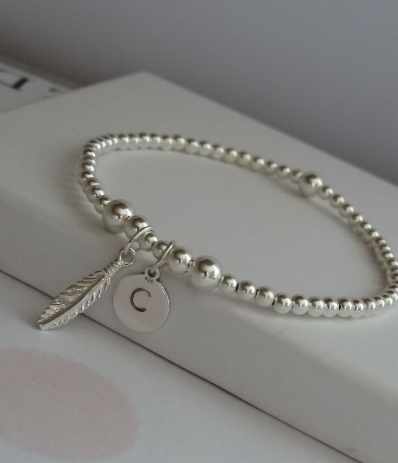 925 Sterling Silver Beaded Initial Bracelet With Feather Charm